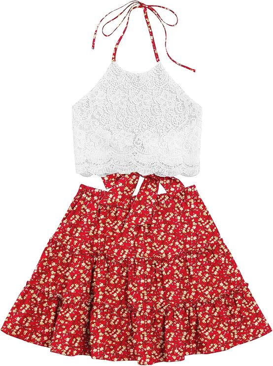 LYANER Women's 2 Piece Sets Summer Lace Halter Cami Crop Top and Mini Skirt Set Vacation Beach Outfits
