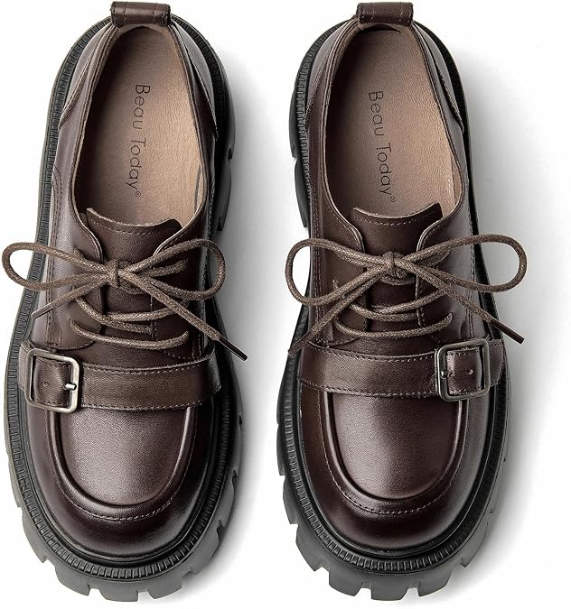 BEAU TODAY Platform Oxfords for Women, Leather Chunky Lug Sole Dress Shoes
