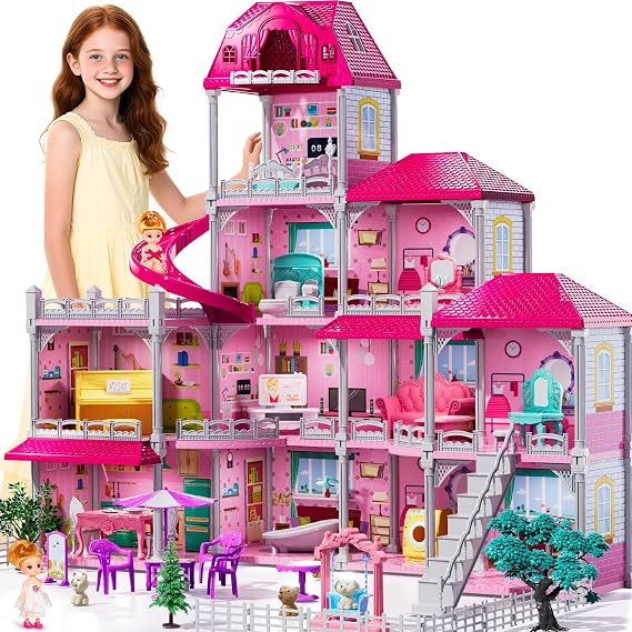 JUKUDAHU Villa Playset for Girls Ages 3-7, 4 Storeys 11 Rooms with 2 Dolls