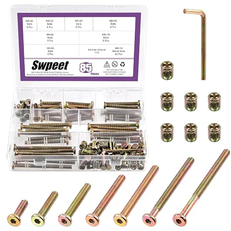 Swpeet 85Pcs M6 20/30/40/50/60/70/80mm Colored Zinc Screws Kit, Hex Socket Head Cap Crib Baby Bed Bolt and Barrel Nuts with 1Pc Allen Wrench Perfect for Furniture, Cots, Hardware Crib Screws
