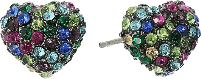 Betsey Johnson Pave Mixed Multi-Colored Stone Heart Stud Earrings