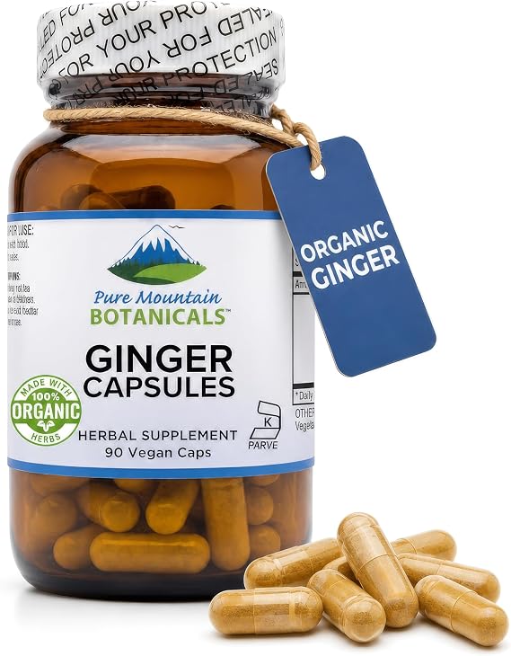 Pure Mountain Botanicals Ginger Capsules - 1000mg Organic Ginger Root - 90 Count - Kosher Vegan Non-GMO Gluten Free Supplement