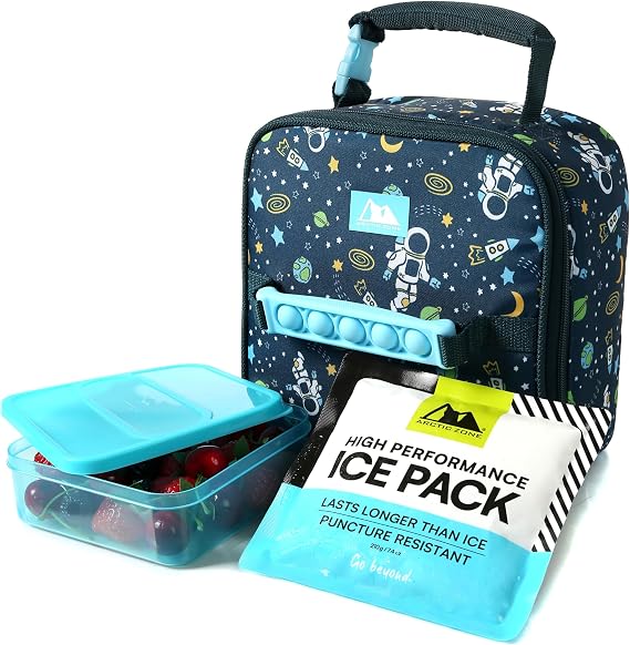 Arctic Zone Kids Lunch Box with Ice Pack and Container, Space Odyssey | Insulated lunch bag with reusable gel ice pack, sandwich container and sensory fidget toy handle, for school or camp