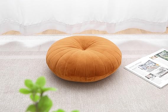 Floor Pillow Meditation Cushion Round Large Floor Pillows Seating for Adults, Velvet Thick Floor Cushions for Yoga Living Room Balcony Outdoor Tatami 18inch（Caramel）