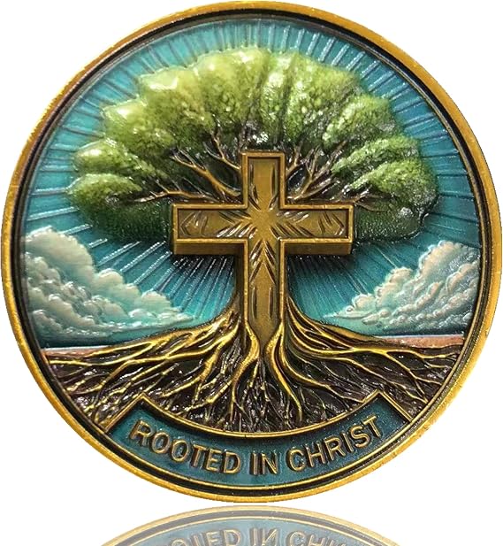 Rooted in Christ Inspirational Christian Challenge Coin - Zinc Alloy, 1.57 Inch Diameter, Colossians 2:6-7 Scripture, with Protective Case