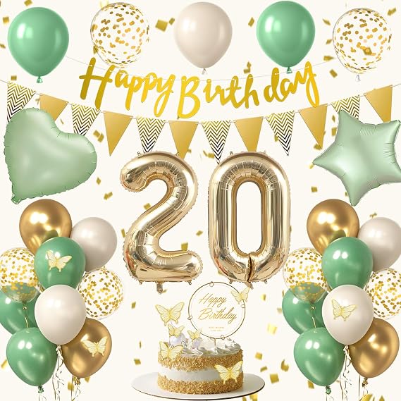 20th Sage Green Birthday Decorations, Boho Green White Gold Balloons & Party Supplies with Happy Birthday Banner, Number Foil Balloon, Butterfly Cake Topper