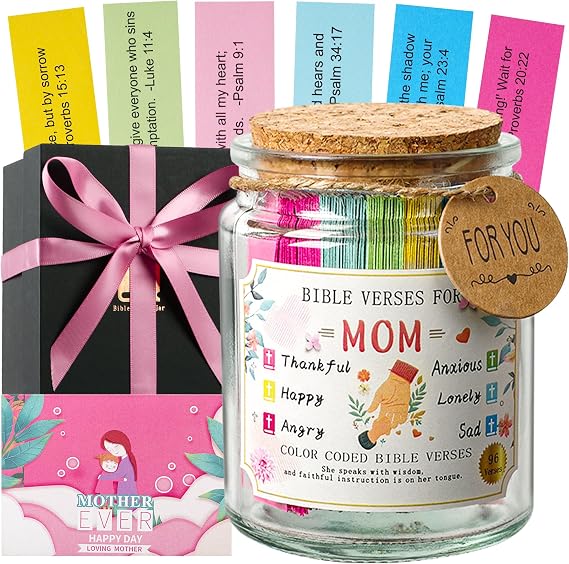 Bible Verse Jar for Mom, Bible Verses in A Jar for Emotional Support and Inspiration,Birthday & Mothers Day Gift for Mom,Christian Gift for Women, Prayer Cards With a Ribbon & Greeting Card