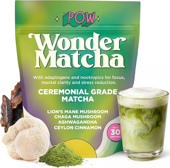 POW Wonder Matcha - Functional Mushroom Matcha Powder - Organic Ceremonial Grade Matcha Latte Powder Drink Mix with Adaptogens, Functional Mushrooms, Lions Mane, Ashwagandha, 30 Servings