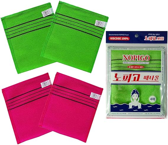 Original Korean Exfoliating Mitt Body Scrub Green 2 & Red 2 - 4 Pack