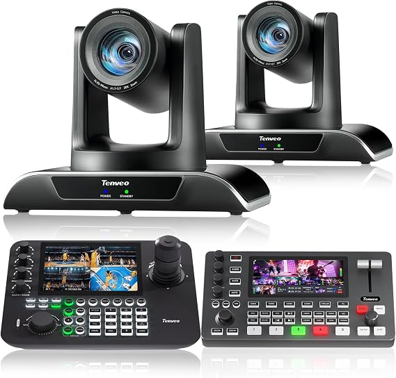 Tenveo PTZ Camera Bundle/Kits - 20X AI Auto-Tracking PTZ Camera(2pcs) with HDMI/USB3.0/LAN(PoE), NDI PTZ Joystick Controller and 4K HDMI + SDI Video Switcher Mixer for Church Worship Large Events
