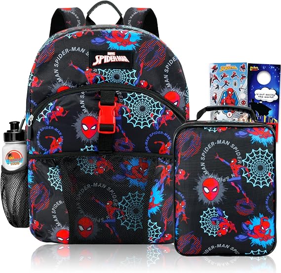 Marvel Spider Man Backpack with Lunchbox Set for Boys School Bundle + More