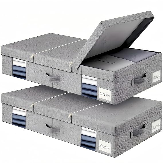 Under the Bed Storage Containers Bin with Lids, 2 pack Large Underbed Storage Organizer Box 6 Inch High with Clear Window and Zipper, Foldable Under Bed Must Haves for Clothes, Blankets, Shoes-Grey...