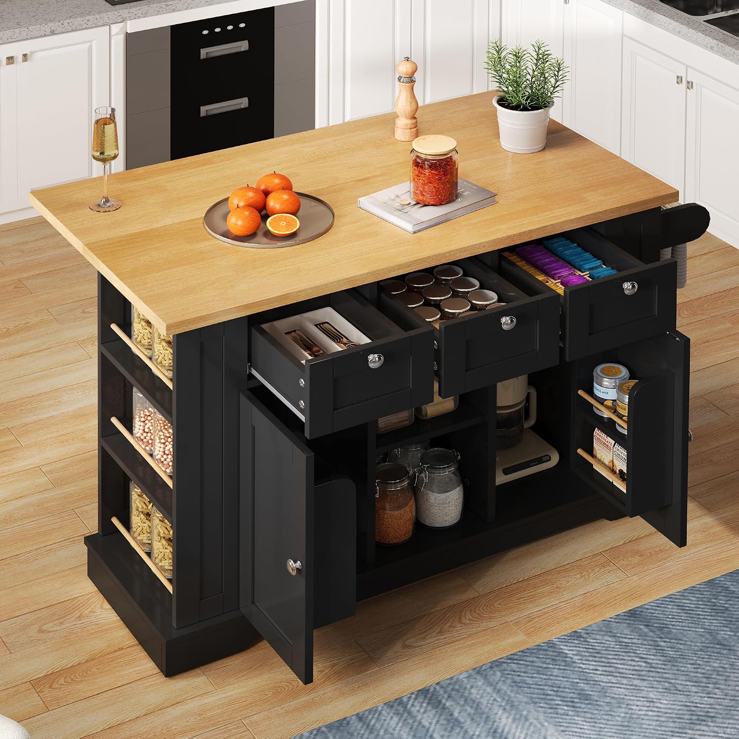 Kitchen Island on Wheels, Integrated Socket and Charging Station, Kitchen Storage Unit with Drawer, Spice Rack, Towel Holder, Foldable Countertop, Suitable for Dining Room&Living Room, Black