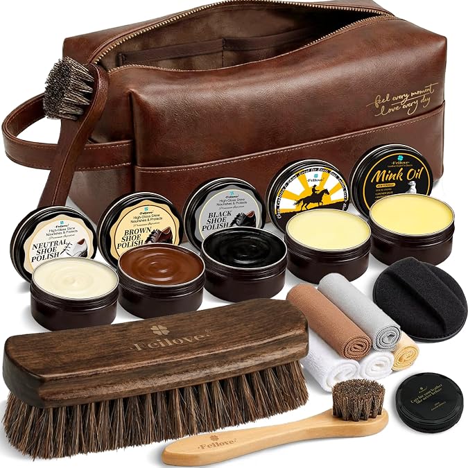 Shoe Care Kit 16-in-1 Leather Shoe Polish, Cleaning & Conditioning Kit with Saddle Soap & Mink Oil Black/Brown/Neutral Shoe Polish, 3 Horsehair Brushes Premium Storage Bag Gift for Men & Women