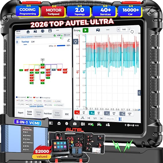 Autel Scanner MaxiSYS Ultra, $2000 5-in-1 VCMI, 2026 MSUltra Top Intelligent Scan Diagnostic Tool Up of Ultra Lite MS919 MS909 S2, Topology, J2534 Programming, 40+ Reset, Motor TruSpeed, Bidirectional