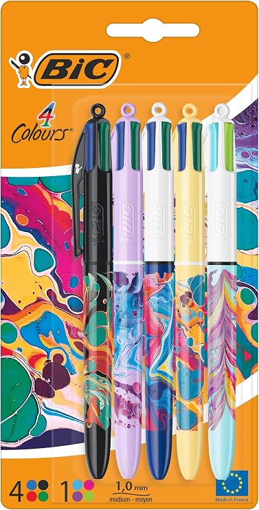 BIC 4 Colours All In One, Multi Coloured Retractable Ballpoint Pens, Medium 1.0mm, Green, Blue, Red, Black, 5 Per Pack