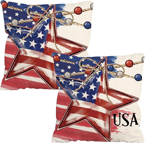 FUTBU 4th of July Pillow Covers 16x16 Set of 2, American Flag Stars Patriotic Throw Pillow Covers, Red White Blue Independence Day Decorative Cushion Cases for Home Sofa Outdoor Decor