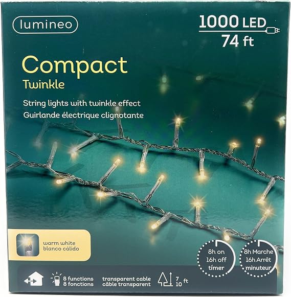 Lumineo 1000 LED Warm White Christmas Compact Lights Set, Transparent Wire 74 Feet