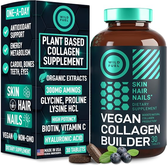 WILD FUEL Vegan Collagen Builder - Biotin, Organic Superfood, Amino Acids Glycine, Lysine, Proline Plant-Based Collagen Booster Supplements - 30 Organic Extract Tablets