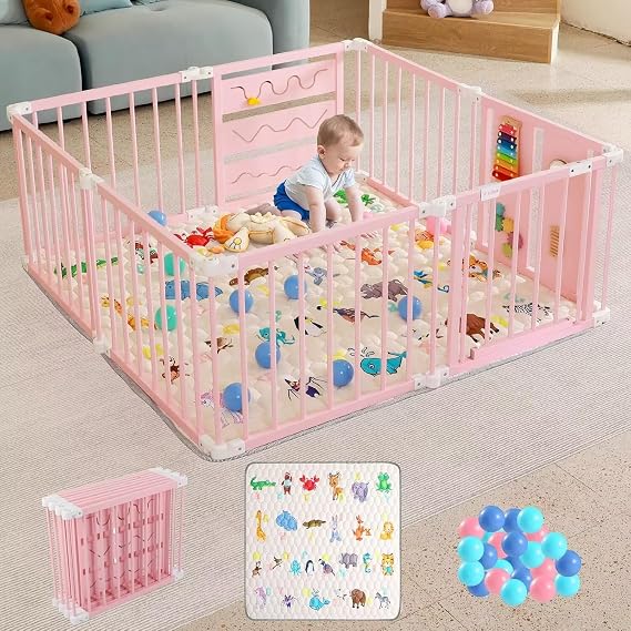 Foldable Wooden Baby Playpen with Soft Play Mat & Gate | 36 Colorful Balls, Adjustable Panels, Portable Play Area, Activity Center, Babies & Toddlers, 56x56x23inches