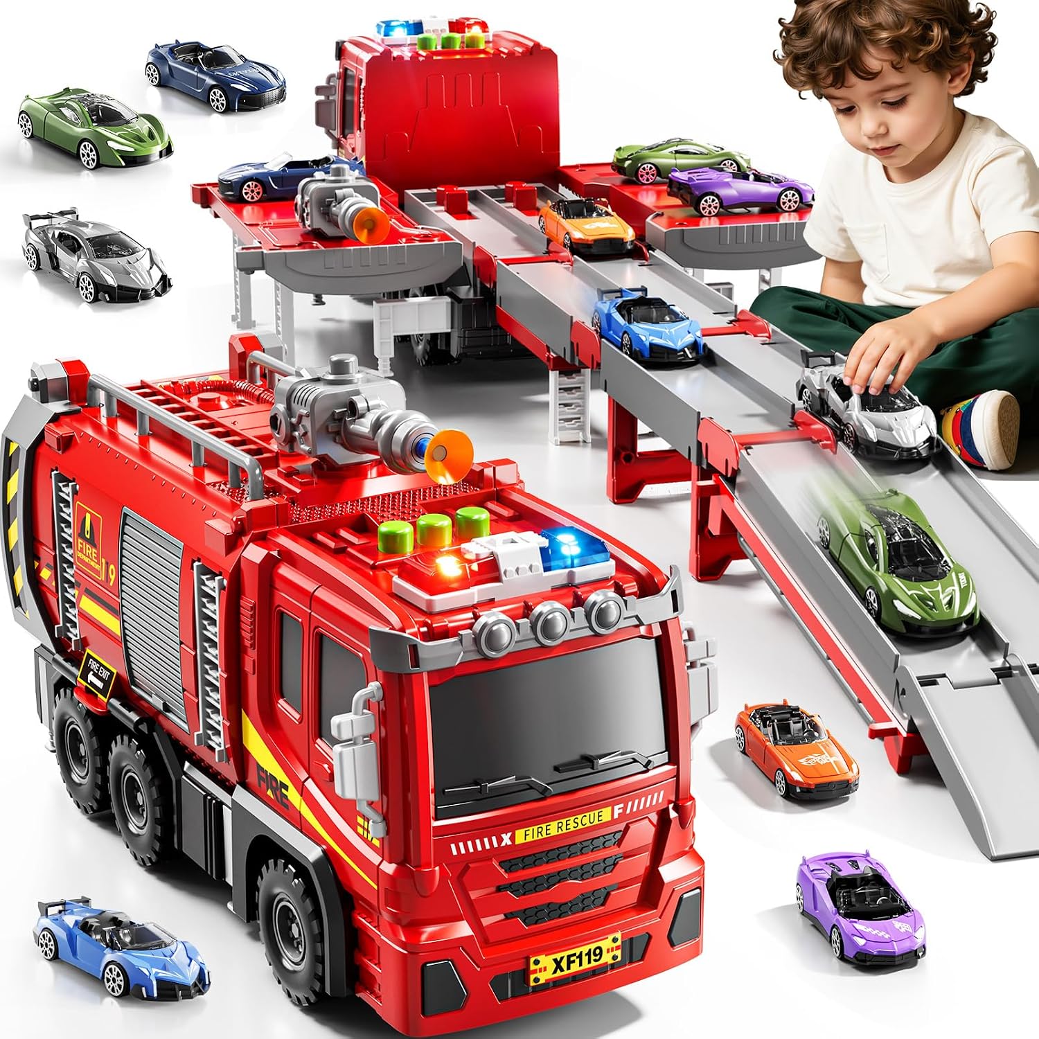 Fire Trucks for Toddlers 1-3, Firetruck Toys for Toddlers 1-3 3-5, Folded Carrier Truck Race Track with 6 Racing Car Toys, Light Sound, Birthdays for Kids Girls Aged 3-9
