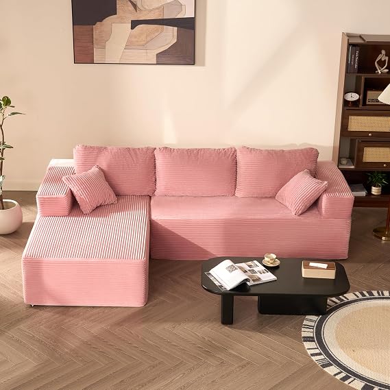 272cm L-Shaped Boneless Sofa, Corduroy Fabric, Pink | No Assembly Required, Deep Seat Design, Soft Corduroy Upholstery, Flexible Modular Layout