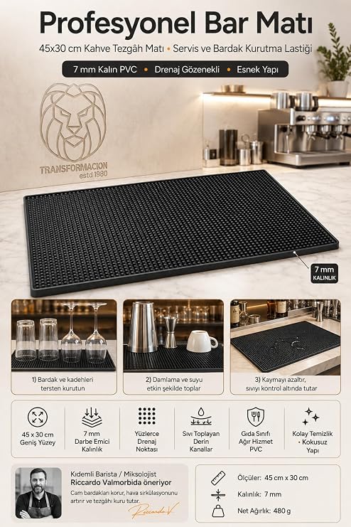 Transformacion Profesyonel Bar Matı 45x30 cm Kahve Tezgâh Matı Servis Ve Bardak Kurutma Lastiği 7mm Kalın PVC 723462