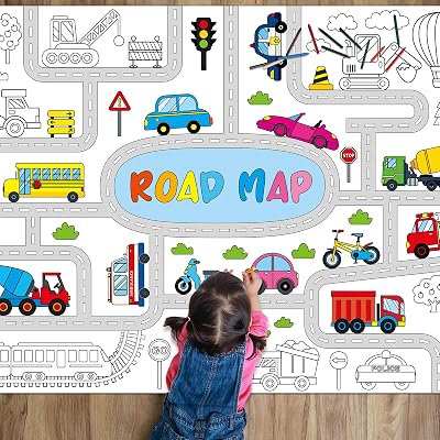 Transportation Coloring Poster for Kids Giant Large Road Coloring Poster Tablecloth Jumbo Coloring Book Crafts Traffic Jam Cars Trucks Birthday Posters for Toddlers Educational Party Decoration Favor