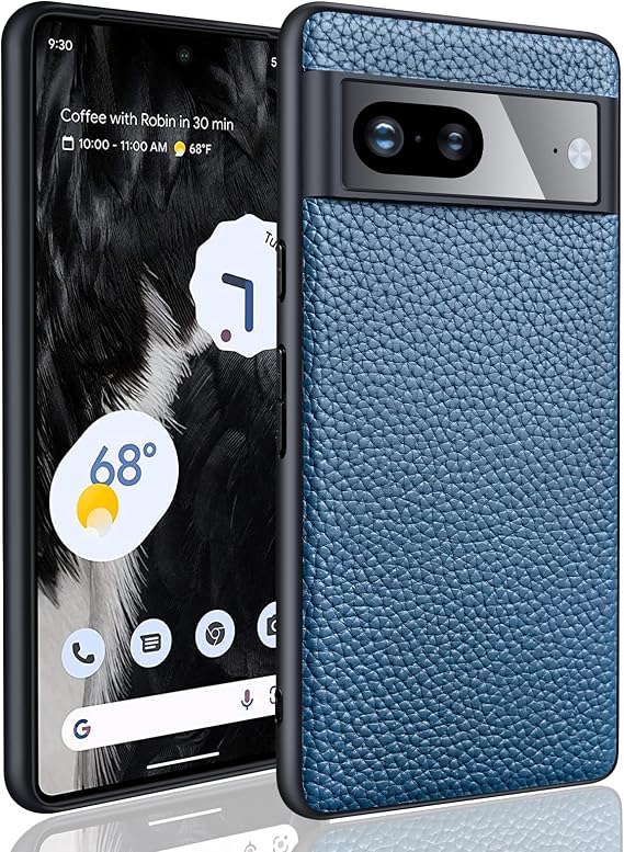 NZN Google Pixel 7 Leather Case, Genuine Leather, Lychee Grain, Cell Phone Case for Women and Men[Anti-Fingerprint], Shockproof Case for Pixel 7(6.3 Inches) - Navy