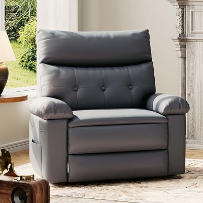GarveeHome Oversized Wide Recliner Chair - Heat and Massage, Faux PU Leather Large Manual Recliner for Adults, Lazy Chair with 1.5X Sponge Comfort Arm and Back for Living Room, Bedroom