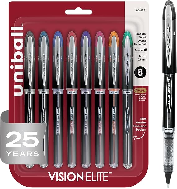 uniball Vision Elite Rollerball Pens, Micro Point (0.5mm), Assorted Colors, 8 Pack