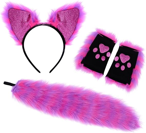 Faux Fur Cat Wolf Fox Costume Accessories Ear Gloves Wolf Fox Tail Set | Purple Cat Costuems for Adults Halloween Xmas Cosplay Costume Accessory