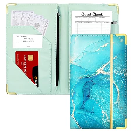 Server Book, Cute Server Books for Waitress, Waiter Receipt Book, PU Leather Waitress Book with Zipper Pocket, Waitress Accessories, Marble Blue