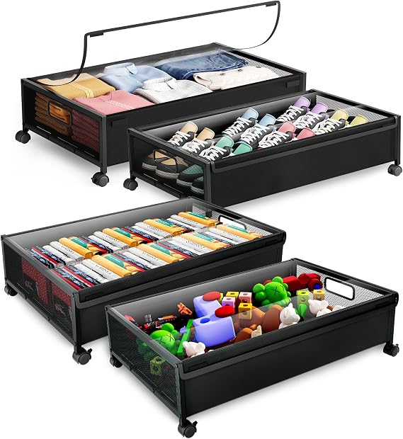 Under Bed Storage with Wheels,4 Pack Under Bed Storage Containers,Underbed Shoe Storage Bedroom Large Capacity Under Bed Storage with Lid for Clothes Shoes Toys Blankets
