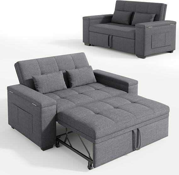 Xbro Sofa Cama 2 Plazas, Sillón Convertible 3 en 1 con Cama, Sofá con Respaldo Ajustable en 3 Posiciones y Espacio de Almacenamiento, 156 x 74 x 86cm, Incluye Dos Cojines,Gris Oscuro