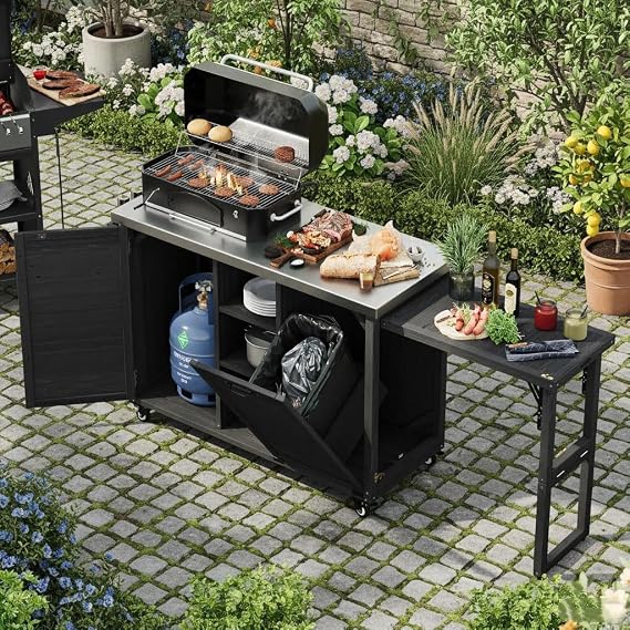 LUMISOL Outdoor Kitchen Island with Trash Can Storage & Stainless Steel Top, Multi Layer Outdoor Kitchen Island Table with Foldable Grill Table,Work Table Wooden Grill Carts, Black