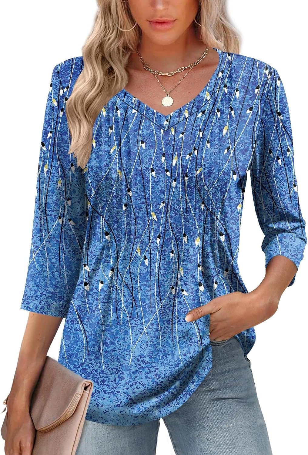 Romanstii Shirts for Women 2025 Summer 34 Length Sleeve Womens Tops Dressy Casual Pleated Blouses V Neck Tee Shirts S-3XL