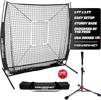 PowerNet Baseball Net Bundle, 5x5 Travel Net With Softball Accessories for Hitting, Pitching, Training Equipment, Weighted Ball, Tee