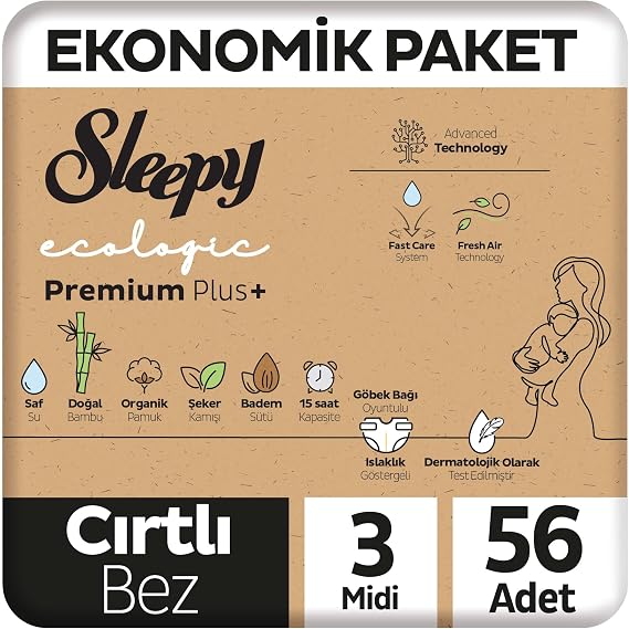 Sleepy Ecologic Economical Package Baby Diaper Number 3 Midi 56 Pieces