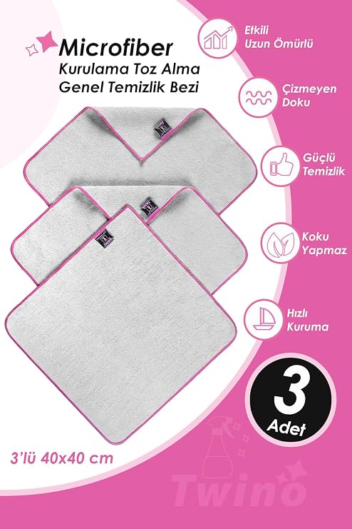 Twino 3'lü Mikrofiber Temizlik Bezi 40x40 Çok Amaçlı Mobilya Halı Koltuk Ovma Silme Toz Alma Bezi