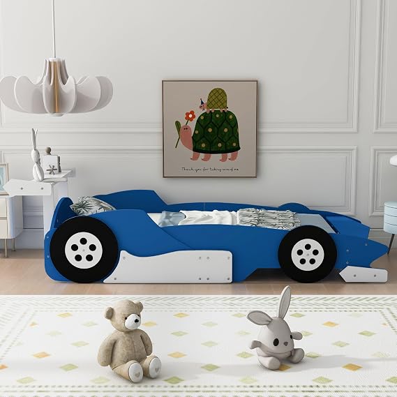 Twin Size Car Bed with Storage, Race Car Shaped Bed with Wheels and Wooden Slats Support, Wood Car Floor Bed Frame for Teens, Easy Assembly, Blue