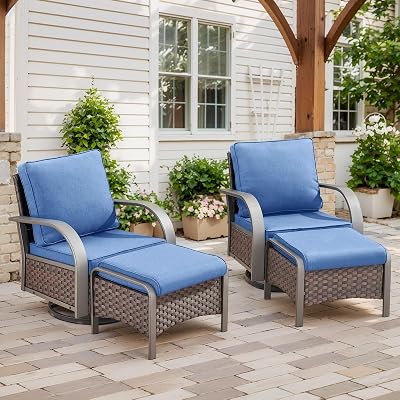 Belord 4 Pieces Patio Furniture Sets - Swivel Rocker Outdoor Chairs with Ottomans, All Weather Wicker Swivel Furniture Glider Seating Set for Porch Deck Backyard Sunroom Brown Wicker