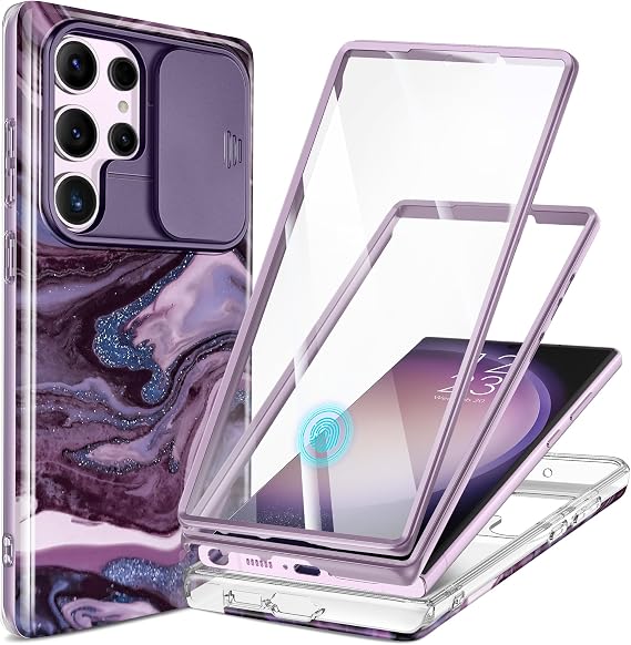 GVIEWIN for Samsung Galaxy S23 Ultra Case, [Slide Camera Cover & Built-in Screen Protector] [2 Front Frames] Shockproof Military Grade Protective Marble Phone Case for S23 Ultra 6.8" (Quicksand)
