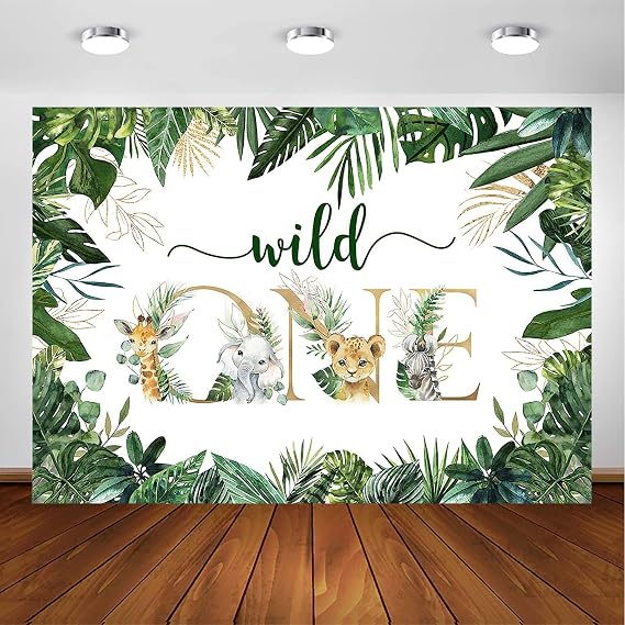 Avezano Safari Wild One Backdrop for Boy Jungle Animal First Birthday Party Photography Background Green Gold Wild One 1st Birthday Photoshoot Party Decorations Backdrop (8x6ft)
