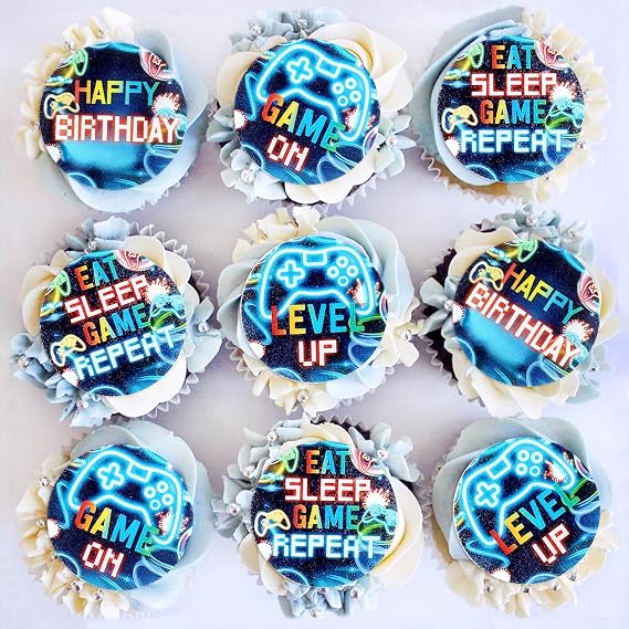 40PCS Edible Video Game Cupcake Toppers Bonus Level Up Game on GamePad Cupcake Picks for Video Games Baby Shower Boys Girls Gamer Birthday Party Decorations Supplies