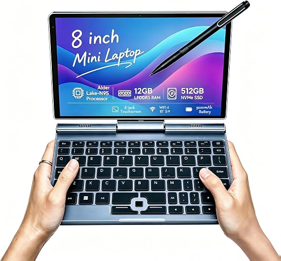 8" Mini Laptop, 2-in-1 Small Computer N95, 12GB RAM, 512GB SSD | Touchscreen, Win 11 Pro, Wi-Fi 6, BT 5.2, Stylus Support, HDMI, Lightweight Portable Convertible PC