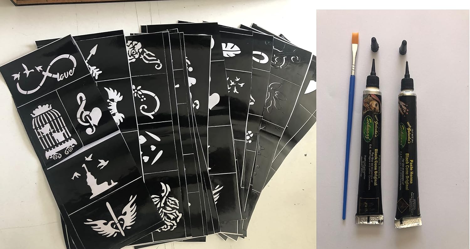 50 Patterns 2 Tube Henna and Brush Temporary Tattoo Set Tattooing with Indian henna