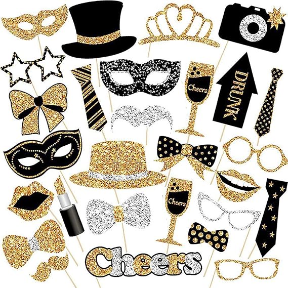 30Pcs Photo Booth Props for Decoration - Birthday Wedding Gathering Celebration With Hats, Lipstick, Tie, Crowns (Golden)
