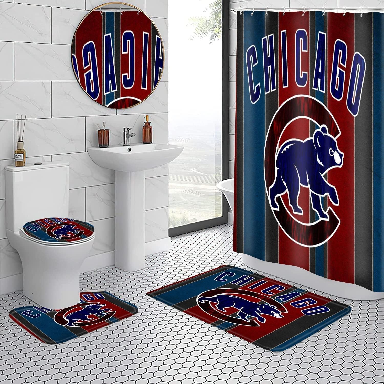 4 PCS Cubs Shower Curtain Set with Non-Slip U Shaped Rug,Toilet Lid Cover Mat,Bath Mat and Shower Curtain with Hooks,Basketball Sports Team Bathroom Decor Set,Machine Washable
