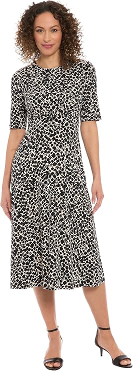 London Times Women's Women's Geometric Print Fit and Flare Midi Dress - Elbow Sleeve Round Neck - Elegant Wedding Guest Attire